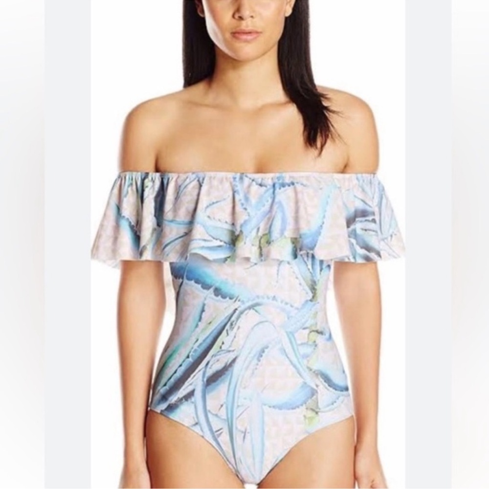 Mara Hoffman Aloe Ruffle Off The Shoulder Abstract Print Swim One Piece